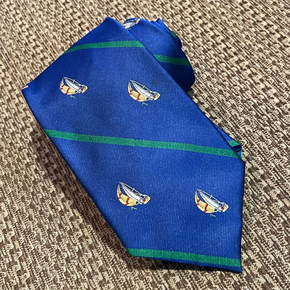 Lands End Mens Silk Tie Blue Green Striped Nautical‎ Sailboat Handsewn USA